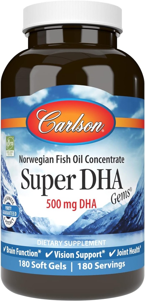 Carlson - Super DHA Gems, 500 mg DHA Supplementi, 640 mg acidi grassi, Wild-Caught Norwegian Arctic Omega 3 Fish Oil Supplement, Sostenibilmente Source Fish Oil Capsules, 180 Softgels