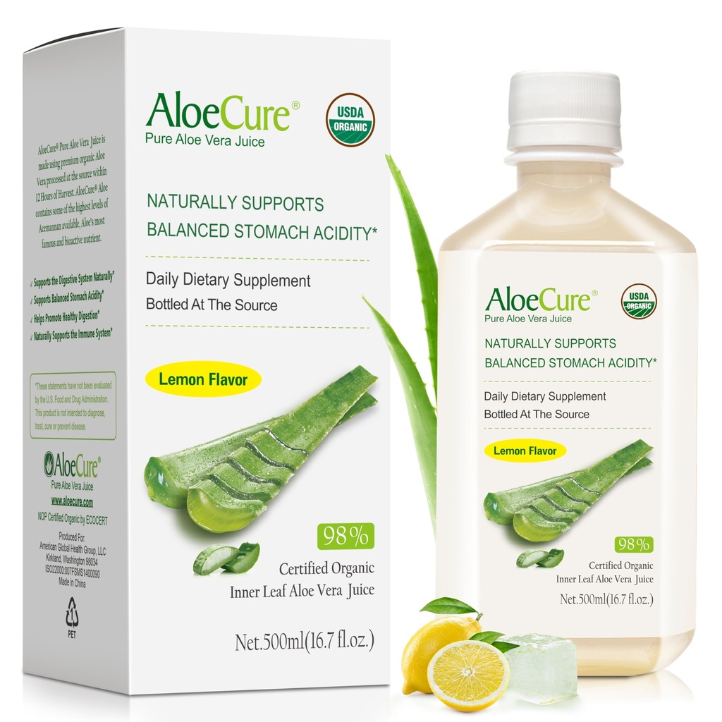 AloeCure USDA Organic Aloe Vera Juice Lemon Flavor - Fatto entro 12 ore di raccolto - Supplemento digestivo naturale per l'acidità di stomaco bilanciato - Sostegno Digestivo e salute immunitaria - 1 Btl x 16.7oz