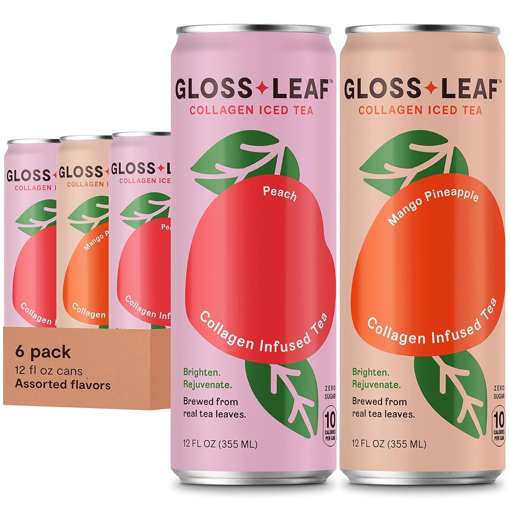 Gloss Leaf Collagen Tea a freddo (Zero-Sugar, assortito): Insalata di tè nero con collagene Peptidi Proteine & Vitamina C, Bellezza & Anti-invecchiamento, 12 Fl Oz, 6 Pack