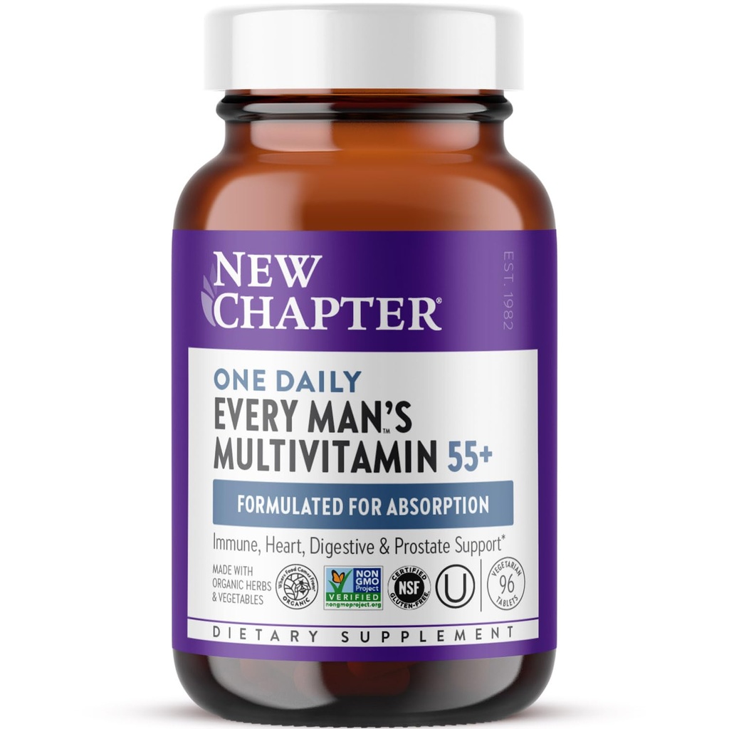 Nuovo Capitolo Men's Multivitamin 50 Plus per cervello, cuore, digestivo, prostata e supporto immunitario con 20+ Nutrienti + Astaxantina - Every Man's One Daily 55+, Gentle on The Stomach - 96 ct