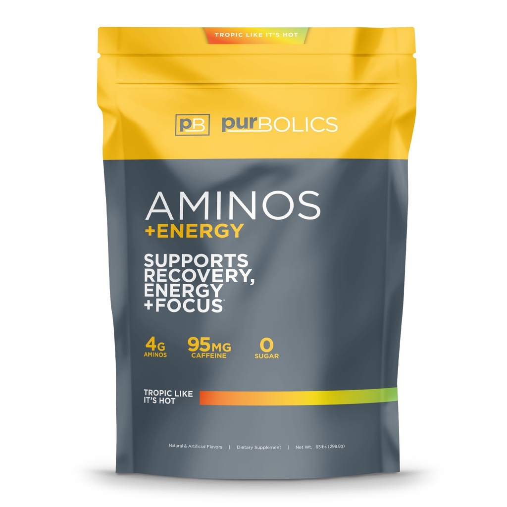 Purbolics Aminos + Energy | Supports Recovery, Energy & Focus | 95mg di Caffeina, 0 Sugar & 60 Servings (Tropic Like It's Hot)