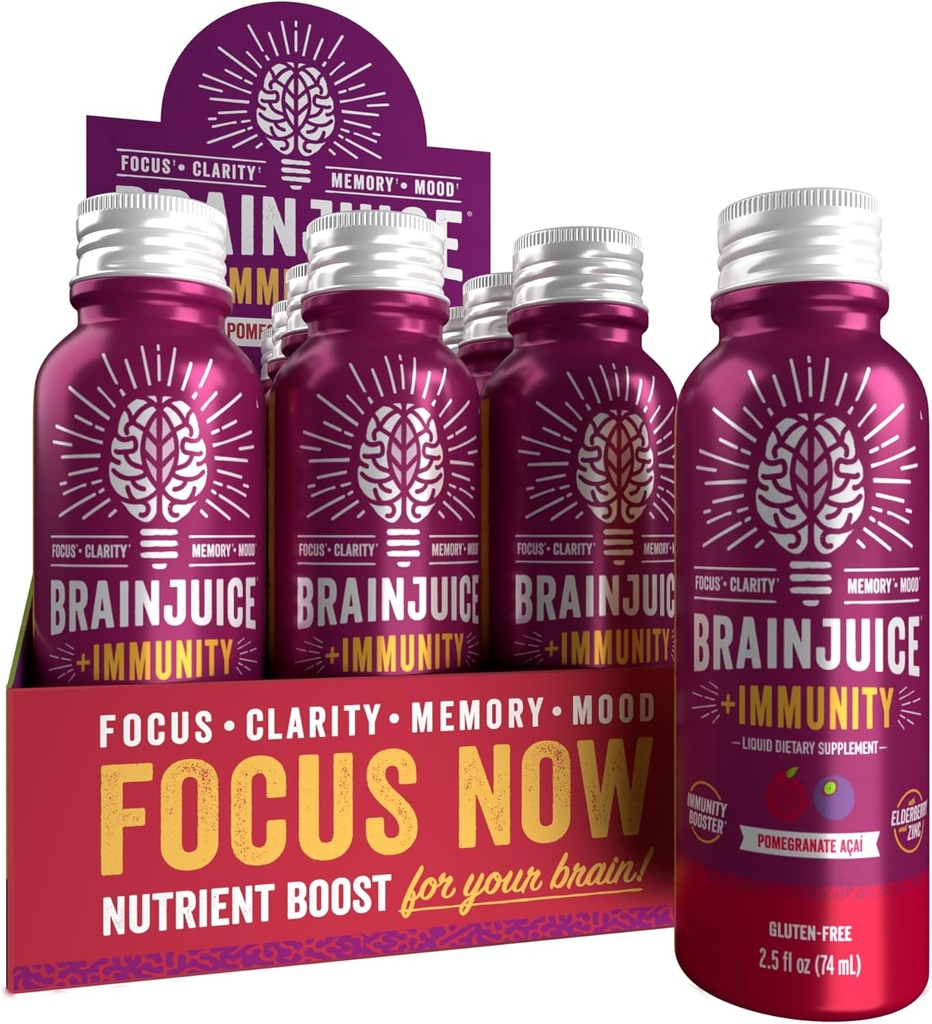 BrainJuice Brain e Supporto Immune Shot, Gluten Free Supplement Shots for Energy, Focus, Immunity with Vitamin D, C B, Alpha GPC & Organic Ginger Root, Pomegranate Acai, 2.5 fl oz, 12 Pack