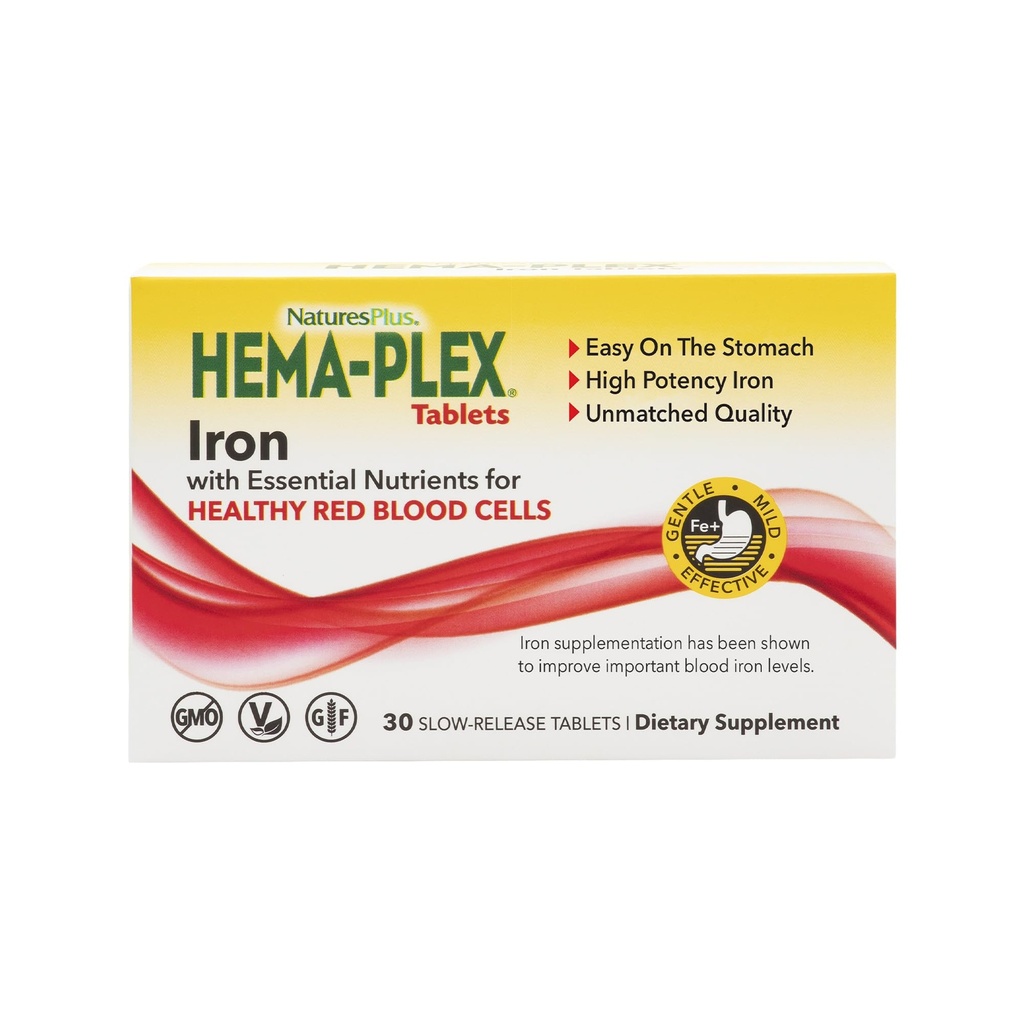 NaturesPlus Hema-Plex Iron - 30 compresse Slow-Release - 85 mg Ferro Chelato - Totale Sangue - con Vitamina C & Bioflavonoidi - Non OGM, Vegetariano & Gluten Free - 30 Serve