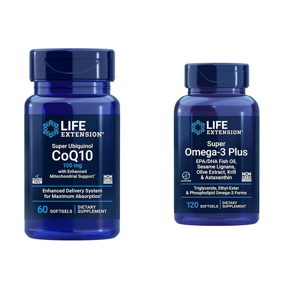 Estensione della vita Super Ubiquinol CoQ10 con il supporto mitocondriale potenziato & Super Omega-3 Plus EPA/DHA Fish Oil, sesamo Lignans, estratto di oliva, Krill & Asta