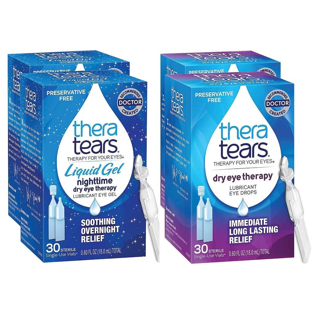TheraTears Nighttime TheraTerapy Lubricant Eyedrops for Dry Eyes, Preservative Free, Single-Use Vials, Clear, 60 Count, 0.6 Fl Oz con TheraTears Eye Drops for Dry Eyes, 60 Count Single-Use Vials