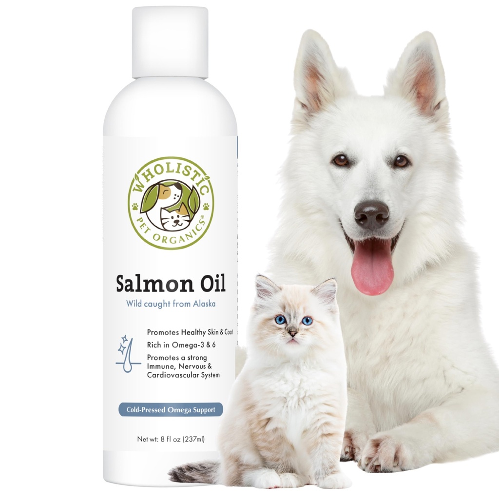 Wholistic Pet Organics Salmon olio: Deep Sea Wild Alaskan Salmon olio per cani e gatti - Natural Omega 3 Dog Fish Oil Supplement con EPA e DHA per pelle, cappotto, cuore e salute del sistema nervoso