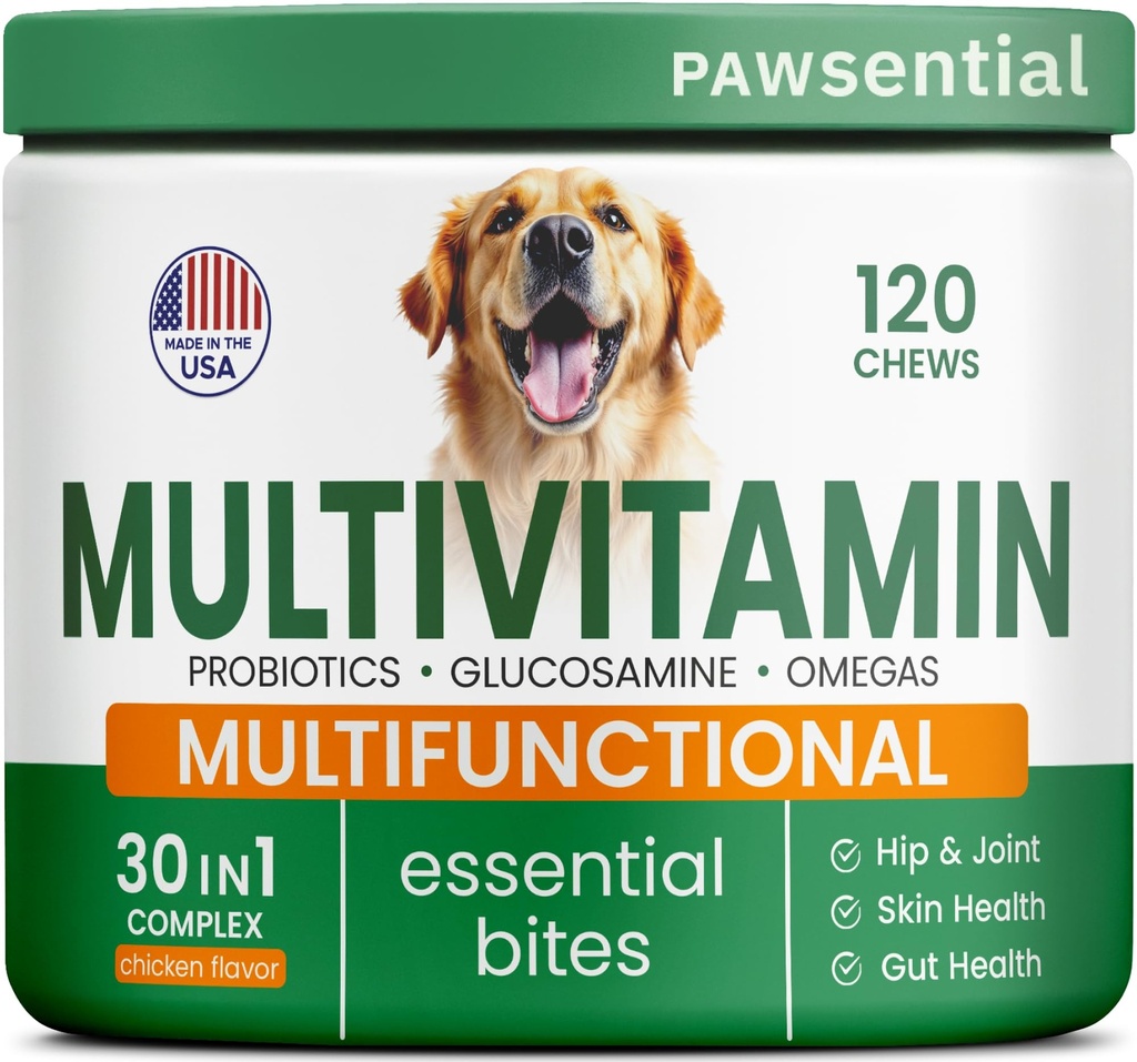 Vitamine di cane + Glucosamina - Multivitaminici masticabili + Probiotici, Omega - Hip & Joint Support, Skin & Coat, Gut Health - Adulto & Senior - Grande & Small Breed - 120 Chews