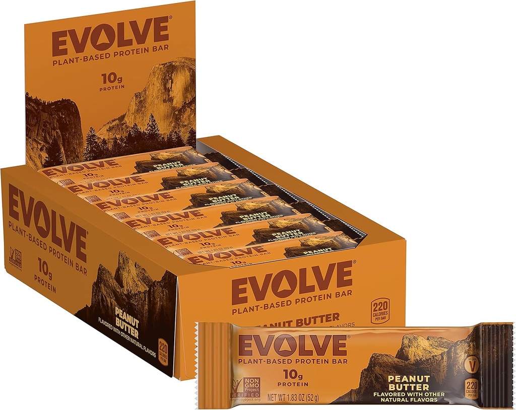 Evolve Plant Based Protein Bar, Peanut Butter, Dairy Free, No Artificial Flavors, Non OGM, Packaging May Vary, 10 g,12 Count (Pack of 1)