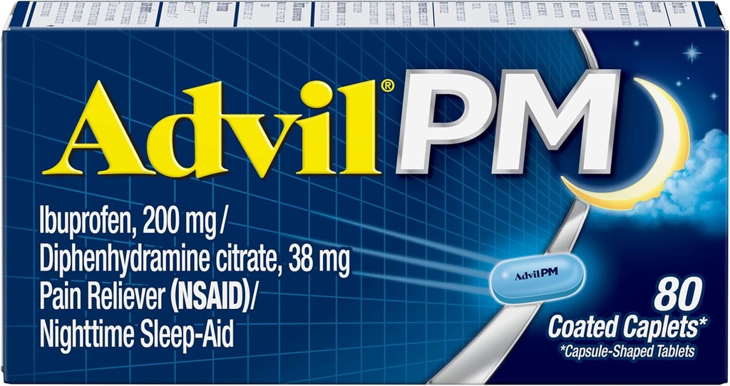 Advil PM Pain Reliever e Nighttime Sleep Aid, Medicina del dolore con Ibuprofene per il sollievo del dolore e Citrato di difenidramina per un aiuto al sonno - 80 Conte (Pack of 2)
