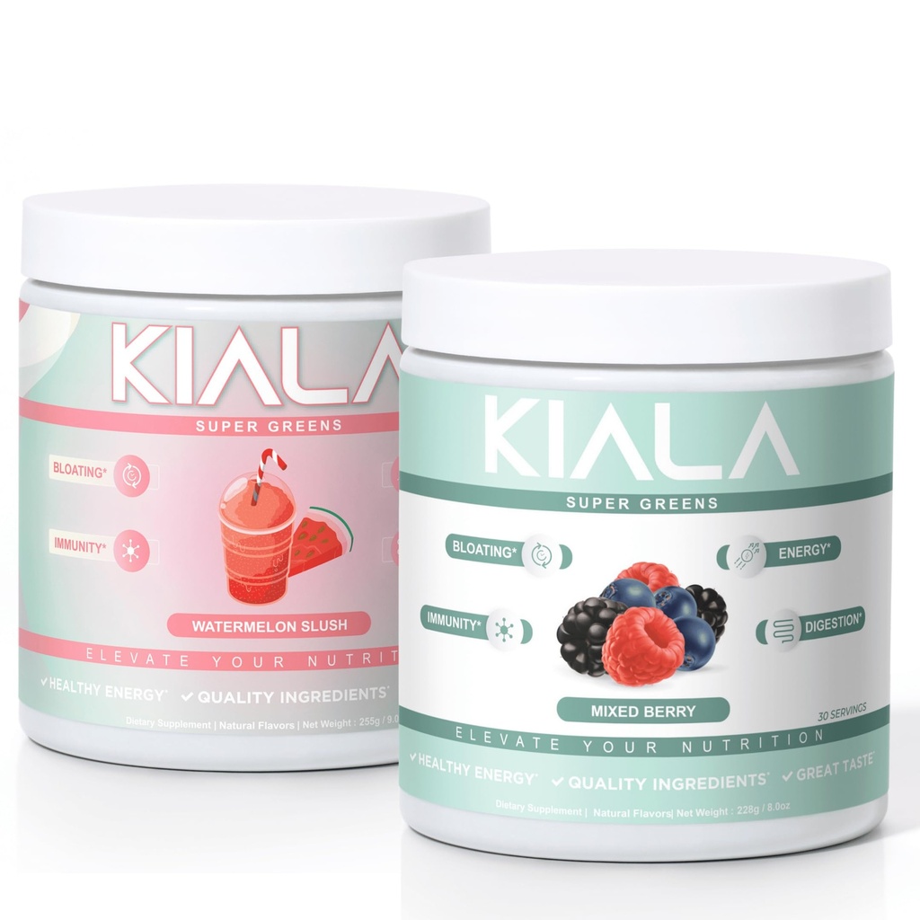Kiala Nutrition Super Greens, Polvere di Greens Organic, Polvere di Spirulina & Chlorella Superfood, Zucchero & Gluten Free Vegan, Miscela di Spectra, Watermelon & Bacca mista 2 Pack