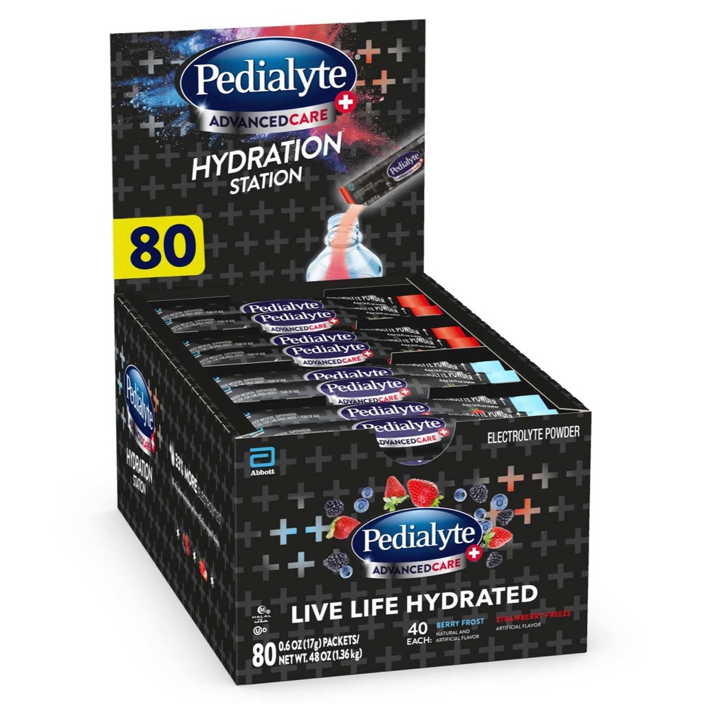 Pedialyte AdvancedCare Plus Electrolyte Powder, ha il 33% di più elettroliti e preattivi prebiotici, varietà stazione di idratazione, 80 pacchetti polvere