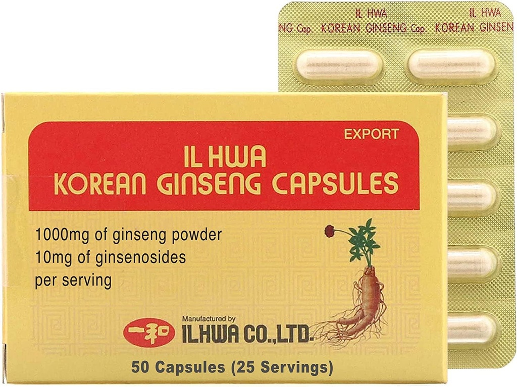 ILHWA Korean Ginseng Capsule (500 mg*100 Capsule, 50 Serve) - 500mg di 100% Pure Korean Panax Root Powder. Ginsenoside 10 mg per Serving.