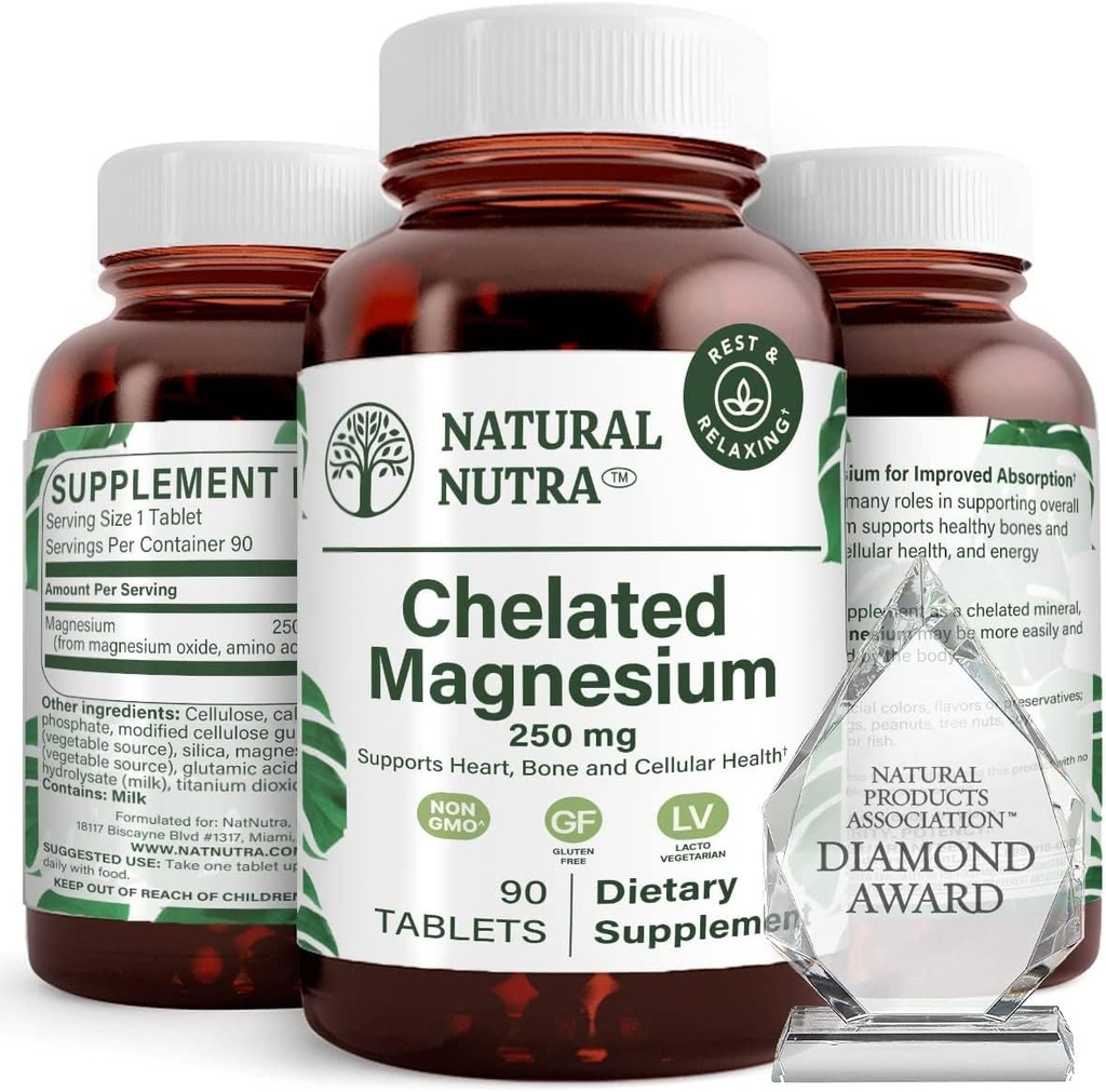 Natural Nutra Chelated Magnesium Oxide 250 mg - Alto assorbimento per le ossa forti, salute del cuore, aumento di energia, senza glutine, non OGM, 90 compresse (3 pacchetto) in bottiglie di vetro riciclabili senza BPA
