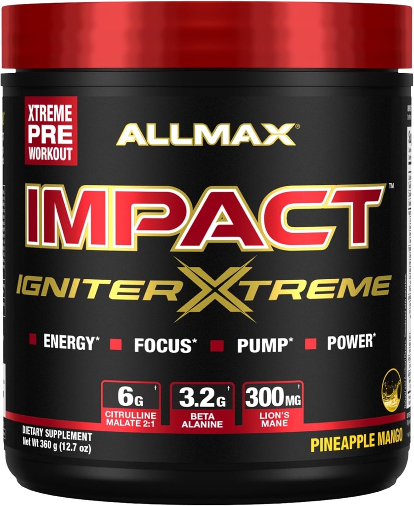 ALLMAX Nutrition - Polvere da allenamento Extreme Igniter Extreme Pre - con Citrulline Malate, Beta - Alanine, Caffeina, Taurina, e Betaine anhydrous (Pineapple Mango)