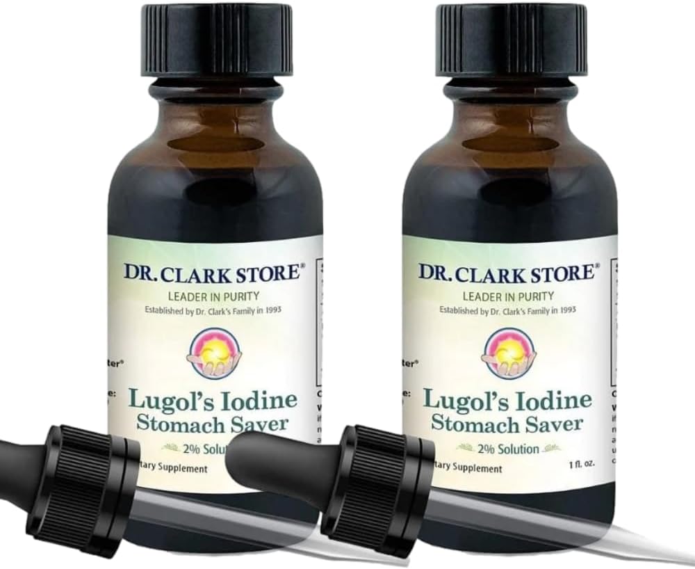 Dr. Clark Lugol’s Iodine 2% Soluzione - Aqueous e 2% Granular Iodio - Natural Stomach Relief and Healthcare - 1 fl. Oz con un Dropper 2Pack