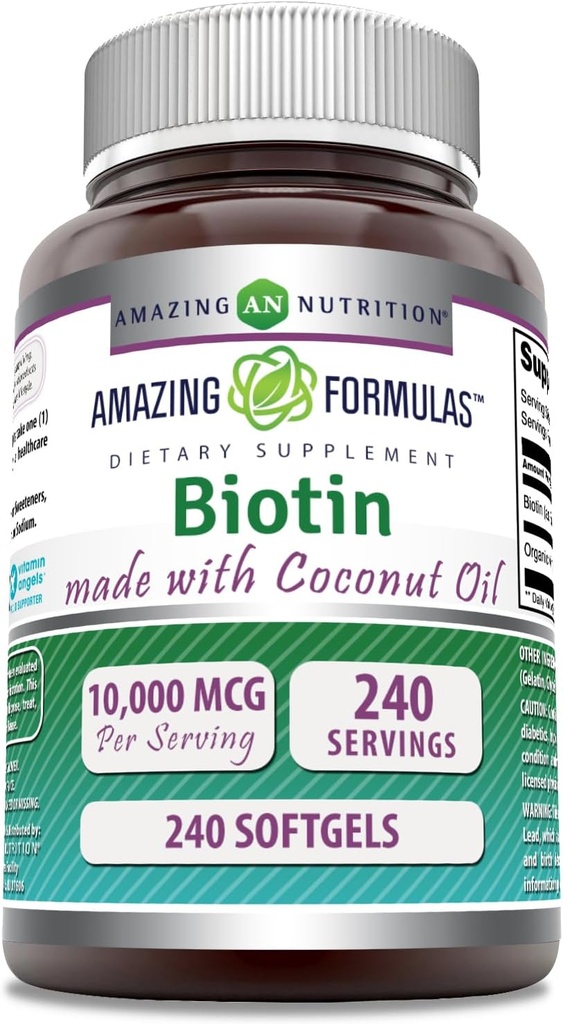 Stupefacente formula Biotina con Extra Vergine Organic Coconut Oil Supplemento | 10000 Mcg | Softgels | Non-GMO | Gluten-Free Made in USA (1 Pack, 240 Count)