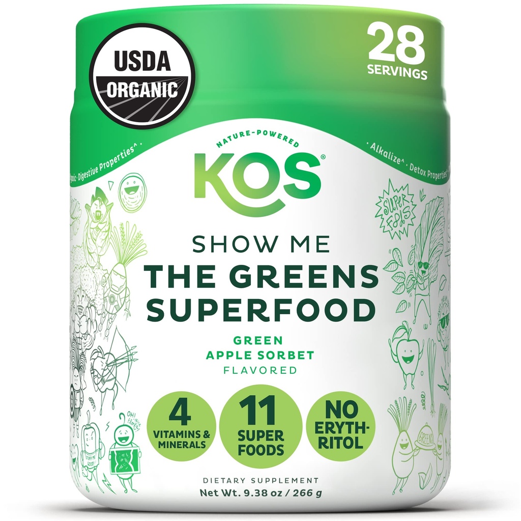KOS Organic Super Greens Powder Erythritol Free - Plant Based Superfood Blend with Spirulina, Chlorella & Wheatgrass - USDA Certified Organic, Green Juice Smoothie - Apple Flavor - 28 Serve