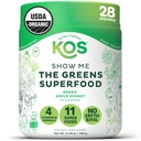 KOS Organic Super Greens Powder Erythritol Free - Plant Based Superfood Blend with Spirulina, Chlorella & Wheatgrass - USDA Certified Organic, Green Juice Smoothie - Apple Flavor - 28 Serve