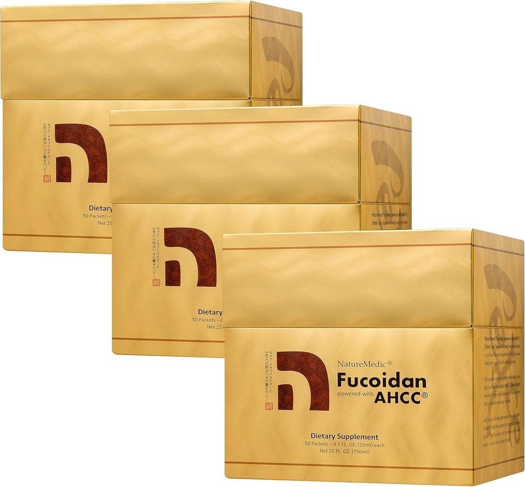 Fucoidan alimentato con AHCC® Brown Seaweed Immunity Supplemento con alta purezza Organic Mekabu Mozuku Agaricus 50 Concentrated Liquid Extract Packets/Box Made in Japan (3 scatole)