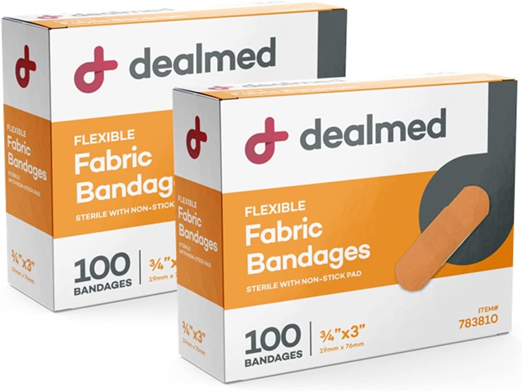 Bandaggi adesivi flessibili in tessuto trattato – 100 Conte (2 Pack) Bandages con pad non standard, Latex Free, Wound Care for First Aid Kit, 3" x 3/4"