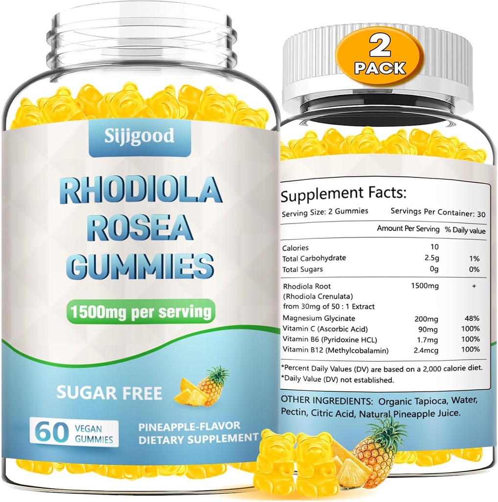2 Pack Zucchero-Free Rhodiola Rosea Gummies, Adaptogenic Rhodiola Rosea Supplement & Cortisol Blocker per Stamina avanzata, Mood Elevation e Motivation Boost, Non-GMO, Vegan, 120 Count