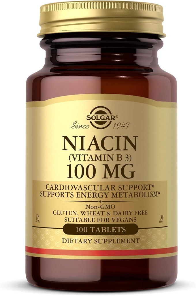 Niacin Solgar (Vitamina B3) 100 mg - 100 compresse - Supporta il metabolismo energetico - Non OGM, Vegan, Gluten Free, Dairy Free, Kosher - 100 Serve