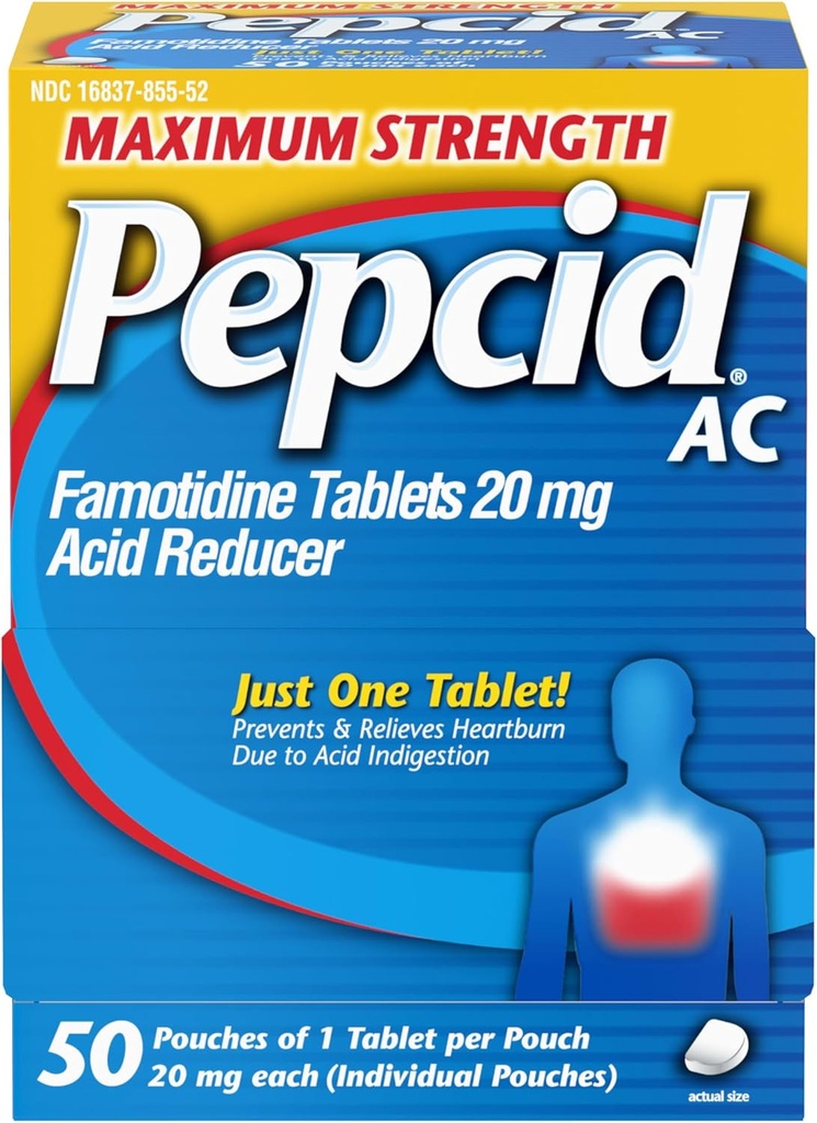 Compresse di sollievo da bruciore di stomaco ad alta resistenza, medicina OTC previene e allevia il riflusso di stomaco e acido a causa di indigestione acida, Riduttore acido di Famotidina da 20 mg, ad azione rapida, 1 x 50 ct