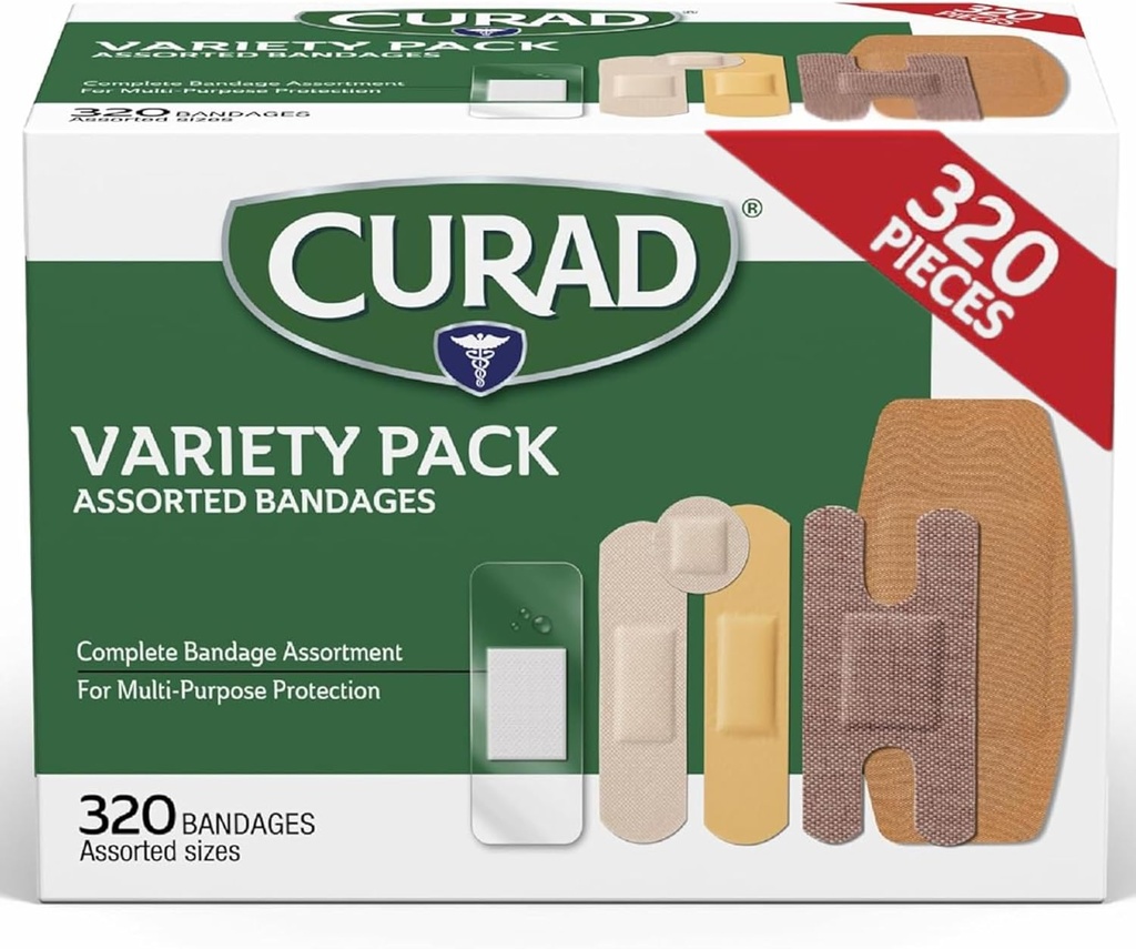 CURAD Assortiti Bandages Bulk Variety Pack 320 Conte 5 stili Compreso Impermeabile, Telaio, Plastica, Heavy Duty & Flex-Fabric First Aid Kit Essentials Protegge Scrapes, Tagli & Burns