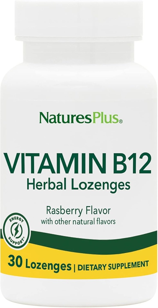 Natures Plus B12 Lozenges erboristici (metilcobalamin) - 1000 mcg, 30 Lozenges sublinguali - Raspberry - Assorbimento massimo Supporto per globuli rossi - Energy Booster - Vegetariano, Senza glutine - 30 Serve