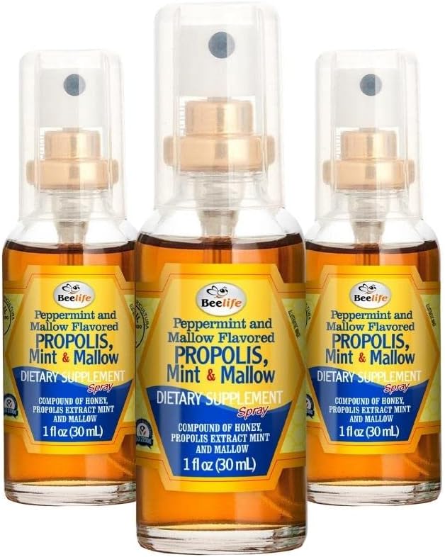 Beelife Propolis Throat Spray – Miele rilassante, Mint & Malva Propolis Spray - Supporto Immune naturale & Sore Throat Relief - Bee Propolis – Antiossidanti, Flavonoidi & Artepillin C, Gluten-Free - 3-Pack