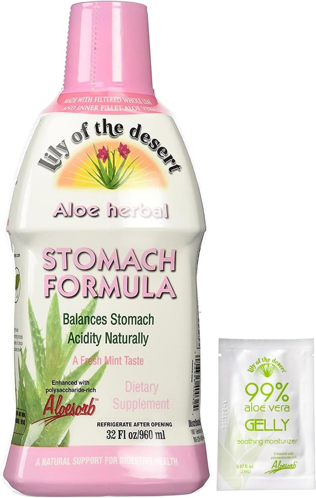 Lily of The Desert Stomach Formula, Organic Aloe Vera Juice with Slippery Elm, Chamomile, Peppermint e Ginger for Gut Health, Acid Reflux, Heartburn Relief, 32 Oz, Gelly Sachet Incluso.