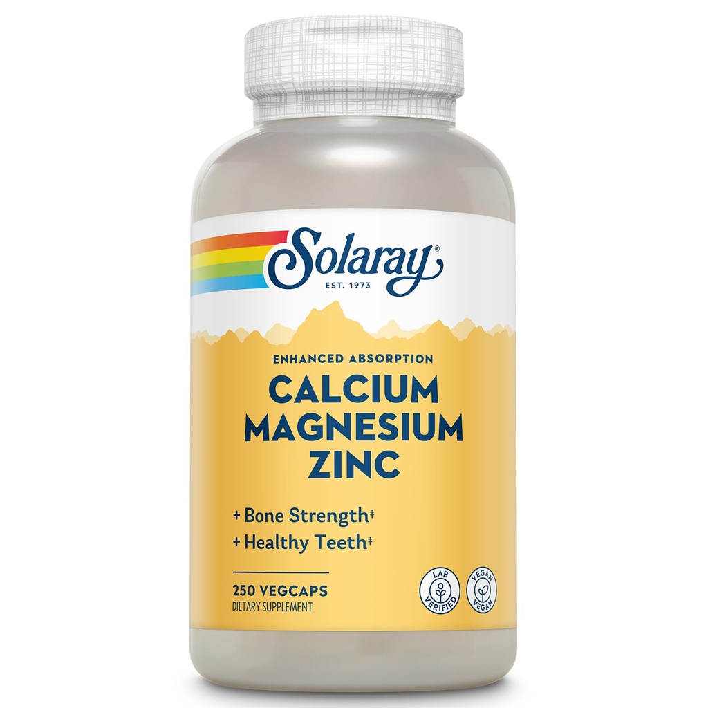 SOLARAY Calcium Magnesium Zinc Supplemento - con Calcium 1000mg, Magnesio 500mg - Bone Salute, Funzione Muscolare, Salute Del Cuore e Supporto Immune - Vegan, Garanzia di 60 giorni, 62 Serve, 250 VegCaps
