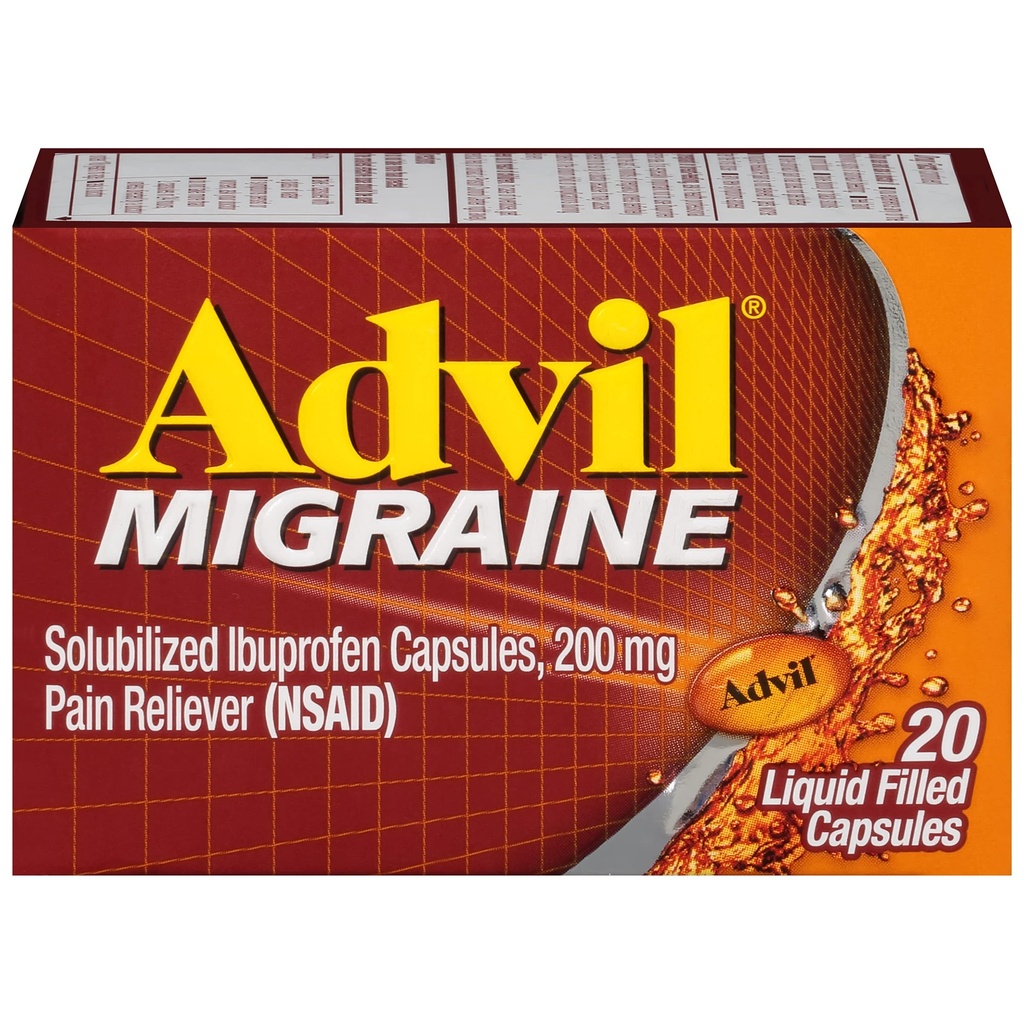 Advil Migraine Headache Relief, Ibuprofen Capsule con Ibuprofene 200mg per Migraine Relief, Nausea Relief e Light Sensitivity Relief - 20 capsule riempite liquide