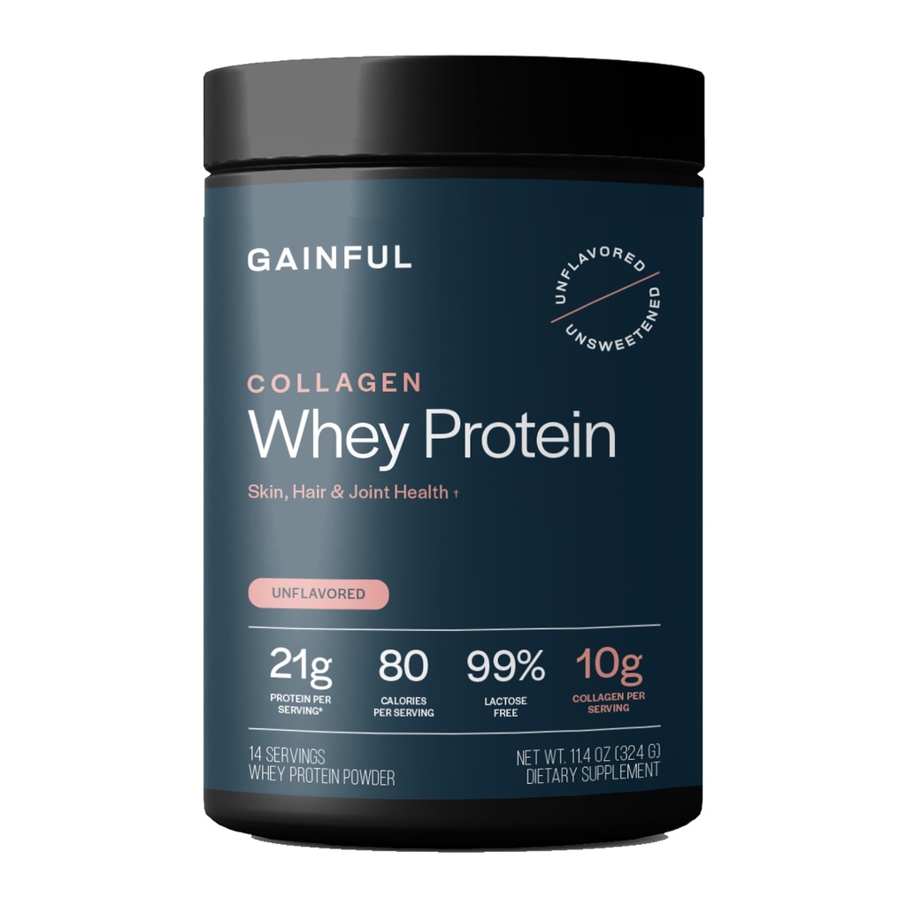 Gainful Collagen Whey Protein Powder, 21g Protein per Serving, Unflavored, Supporta il recupero del muscolo, la salute comune e l'idratazione della pelle con Peptidi di collagene di erba, vitamina C, 14 Serve