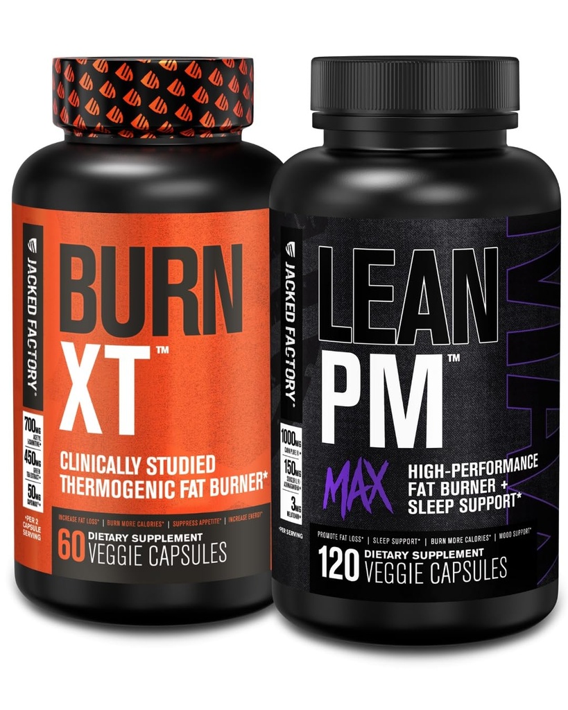 Jacked Factory Burn-XT clinicamente studiato perdita di peso termogenico (60 capsule) - Lean PM MAX Sleep Aid (120 capsule) per Appetite Suppression (180 capsule)