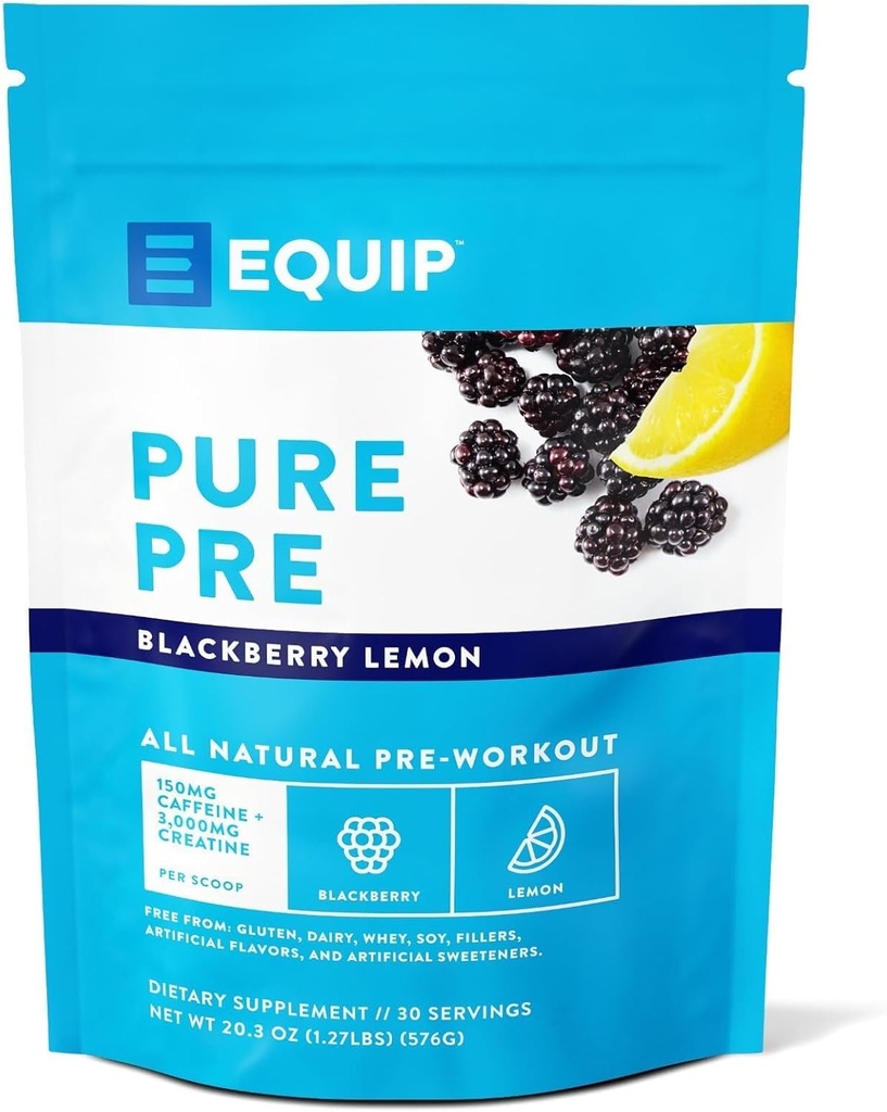Equip Foods Pure Pre All Natural Pre-Workout Powder | Green Tea Caffeine, Sea Salt, EAA, Vitamina C, B6, B12, L-carnitina, Agnine | Naturally Boosts Workouts | 30 Servings, BlackBerry Lemon Caffeinated
