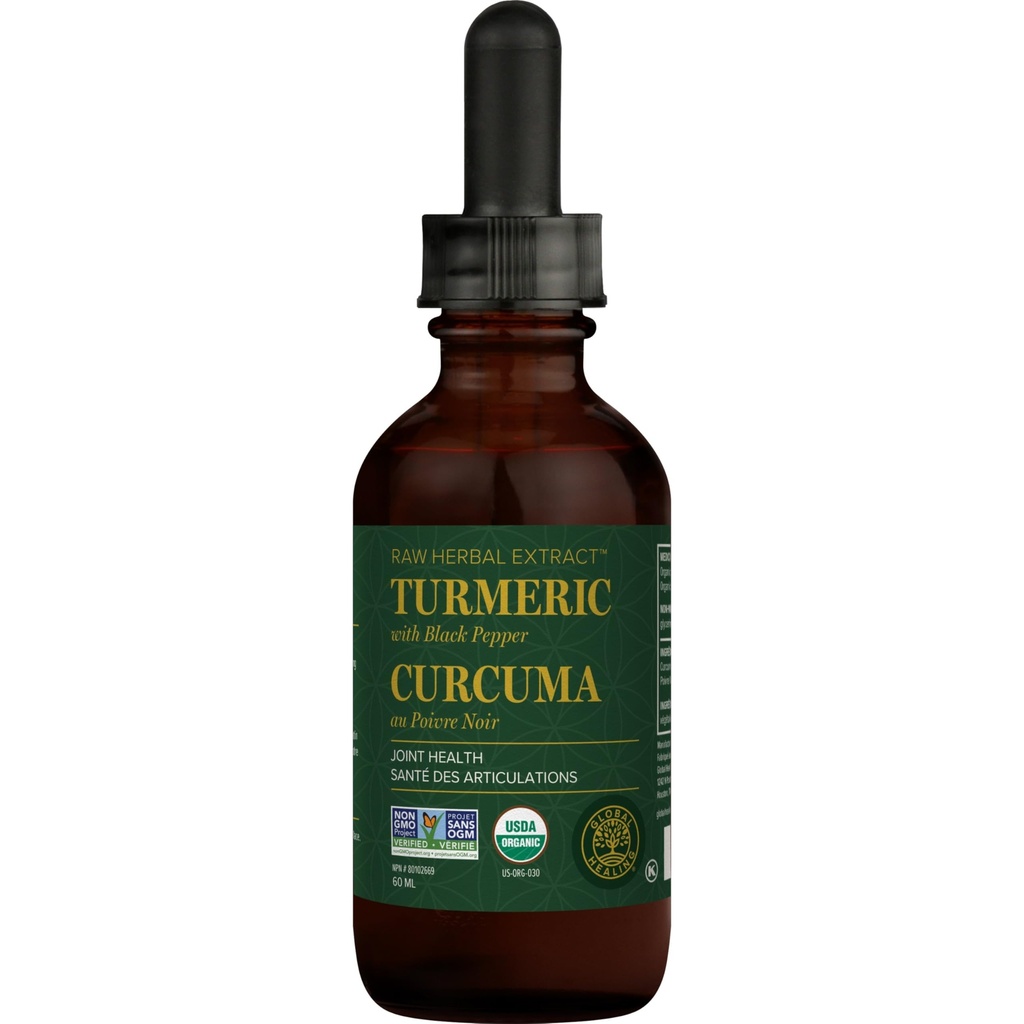 Integratore di curcumina organica di guarigione globale con l'estratto di pepe nero Gocce liquide per sostenere il sollievo comune di mobilità e la salute digestiva Multi supplemento di curcuma- 2 Fl Oz
