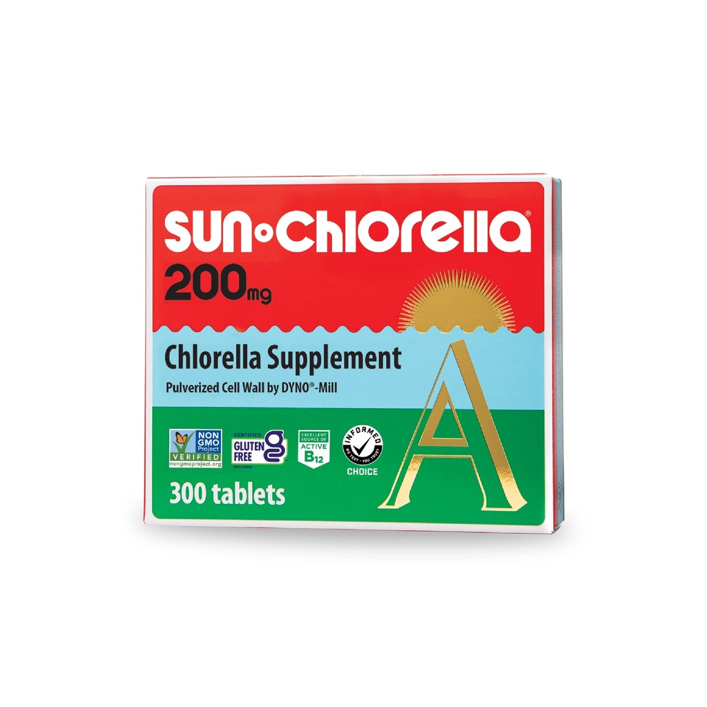 Sun Chlorella 200 mg Green Algae Superfood Supplemento - Muro Pulverized Cell - Clorofilla, CGF, Active B12, Ferro da stiro, Proteine - Non OGM - 300 Tavole