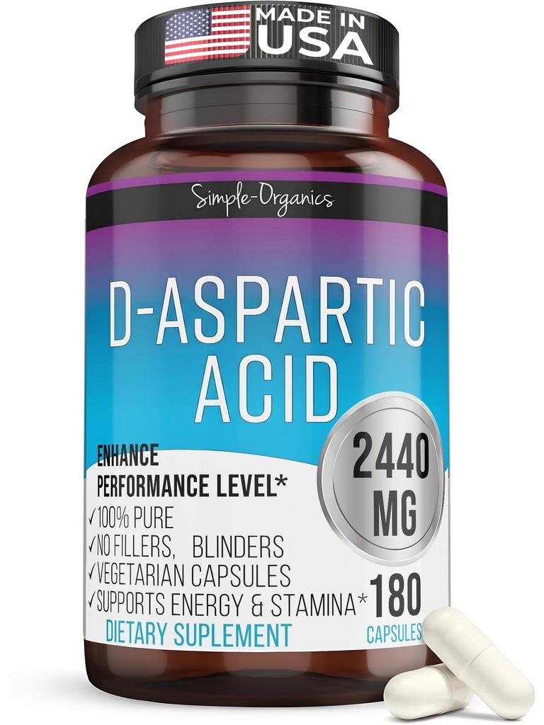 Kaibro Nutra D-Aspartic Acid Supplemento per gli uomini, 2440mg D-Aspartic Acid per porzione, Energy & Testosterone Support, Gluten-Free Non-OGM, 180 Vegan Capsule