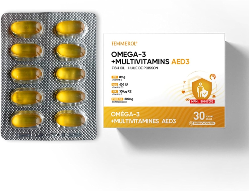 Multivitaminici con Omega-3, Multivitaminico per le donne e gli uomini, Enteric Coated Fish Oil DHA/EPA con vitamina A, vitamina E e vitamina D3 per il supporto della funzione immunitaria (1 Box 30 Softgels)