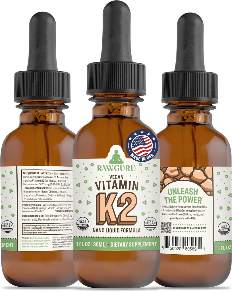 RawGuru Vitamin K2 Supplemento - Organic Vegan Vitamin K2 MK7 con Trace Minerals - Nano-Processed Antiossidante & Immune Support Supplemento Tintura - 30 Serve di Gocce Vegane per 30 ml, Confezione da 1