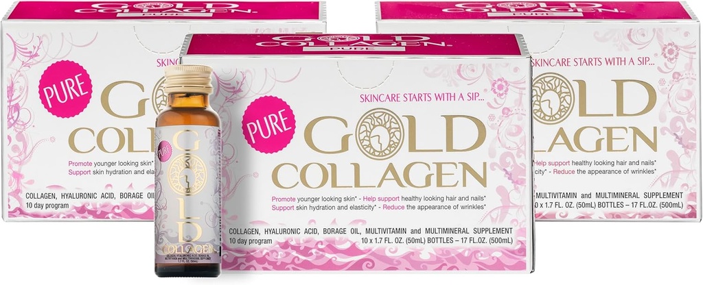 GOLD COLLAGEN Pure - Integratori di collagene per donne e uomini con biotina per la crescita dei capelli, la pelle e l'unghia - Booster di sistema immunitario antirughe con acido ialuronico, vitamina C, B6 e zinco, 3 Confezione da 10x50 ml