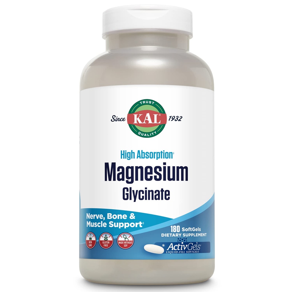 KAL Magnesio Glycinate ActivGels 315mg, Fully Chelated, Alto assorbimento Magnesio Supplemento per il rilassamento, Muscle & Bone Support, Non-OGM, Gluten Free, 60 Serve, 180 Softgels
