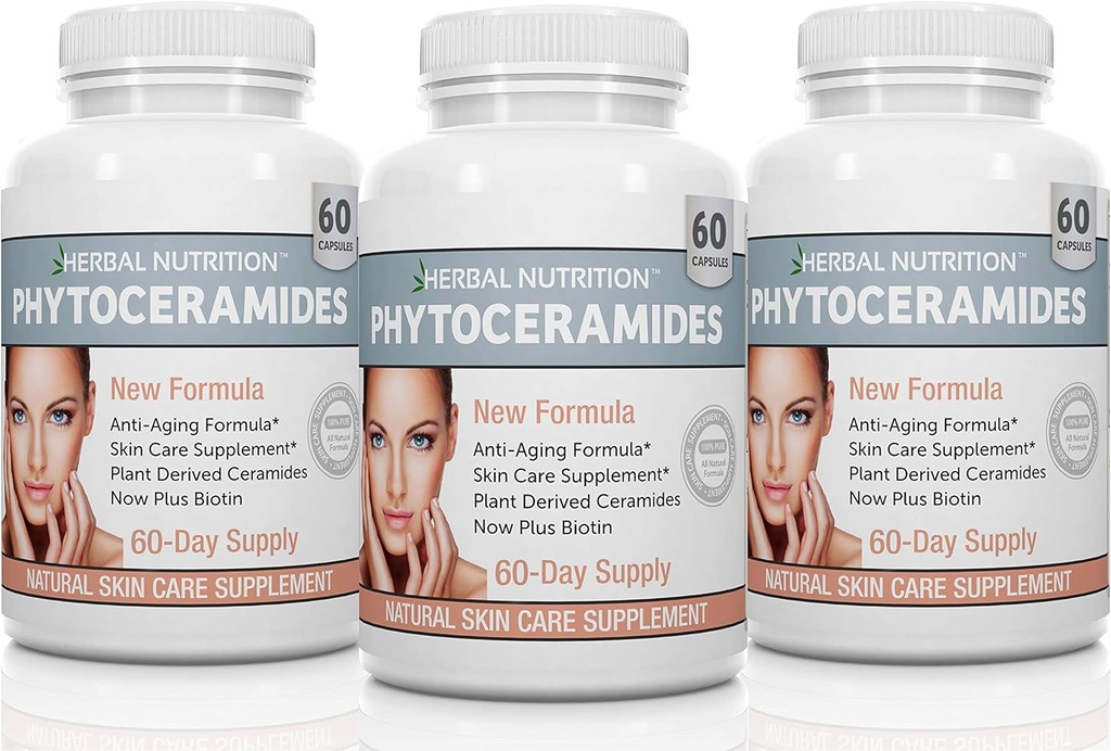 Fitocerammidi di Riso con Biotina Vitamina A, C, D ed E, Tre Bottiglie, 180 capsule 40mg