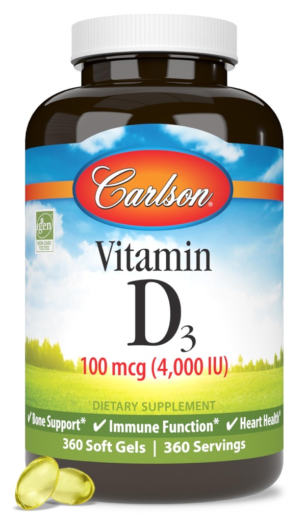 Carlson - Vitamina D3, 4000 IU (100 mcg), Bone & Immune Salute, Supplemento colecalcifero, Gluten Free Vitamin D Capsule, 360 Softgels