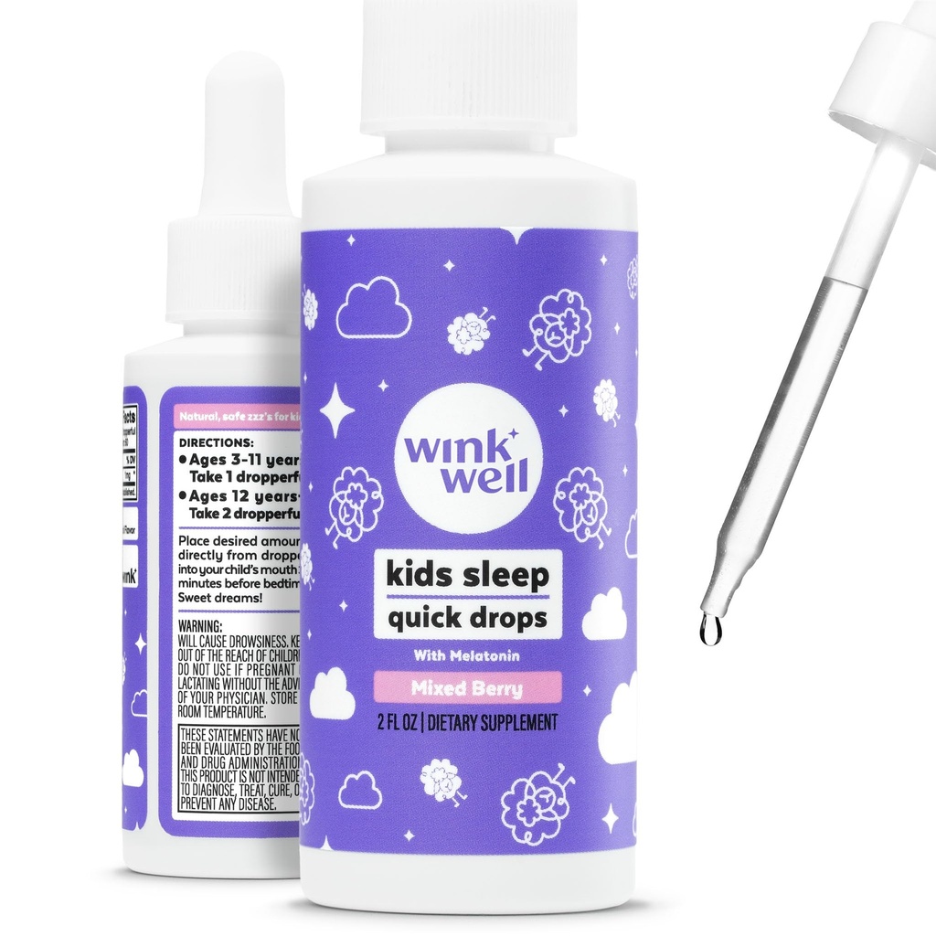 Wink Well Kids Liquid Melatonin Drops- Gocce naturali del sonno del bambino per l'aiuto di sonno del bambino con 1 mg per la melatonina liquida dei bambini non addictive- 2 Oz