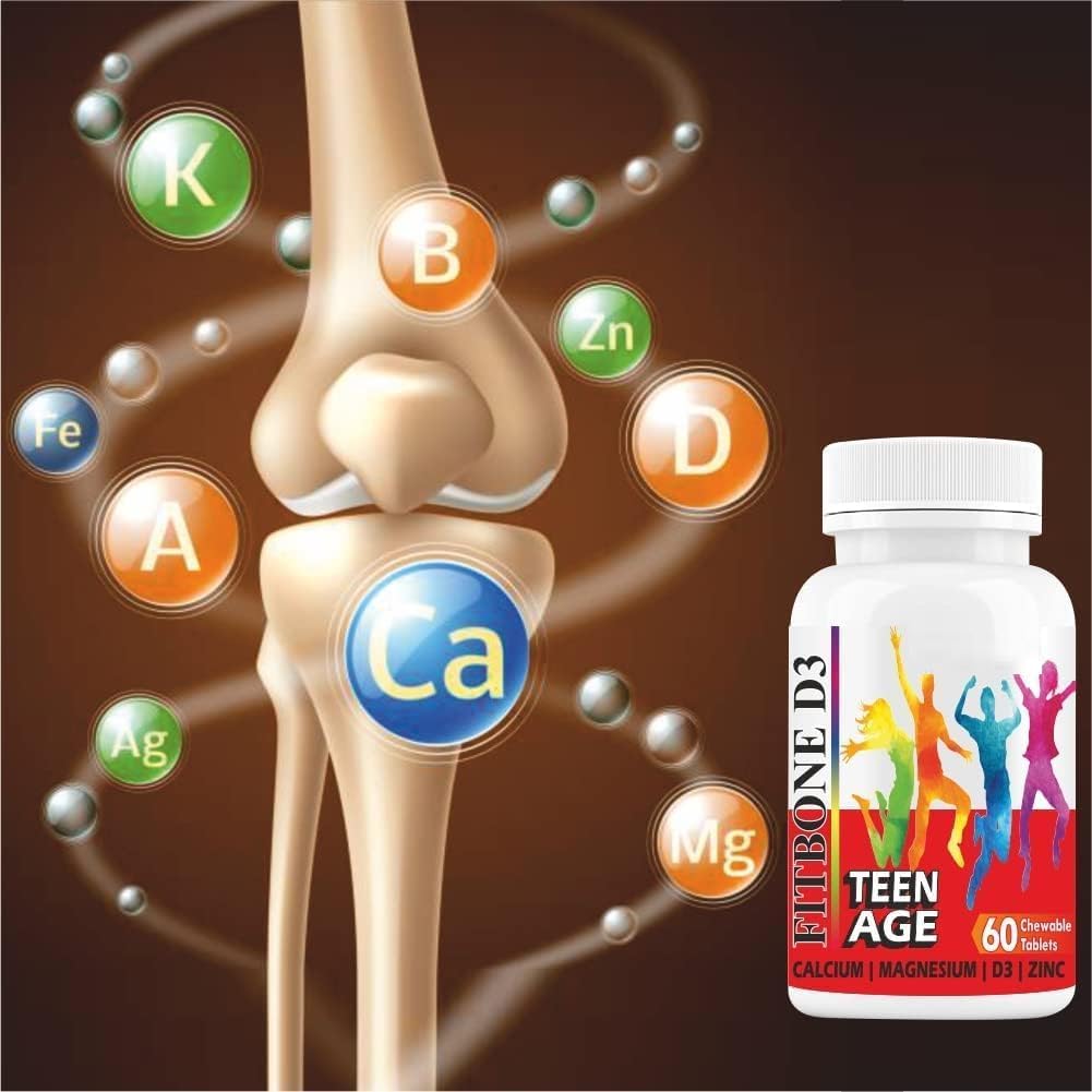 Minton Well-C Fitbone d3 Calcium per bambini adolescenti con magnesio zinco vitamina D e B12 per le ossa forti | Immunità | Crescita | Altezza (10-16 anni)-60 compresse masticabili