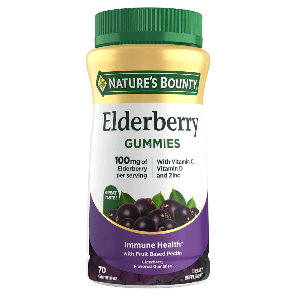 Gummie di sambuco, Integratore alimentare, Supporta la salute immunitaria, Contiene vitamina A, C, D, E e Zinco, 100 mg, 70 Gummies