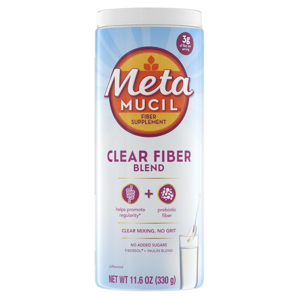 Metamucil Fiber Supplemento, Polvere di miscelazione trasparente non aromatizzata, senza Griglia, senza zucchero Aggiunto, miscela prebiotica di fibra vegetale supplemento per la salute digestiva quotidiana, 75 cucchiaini