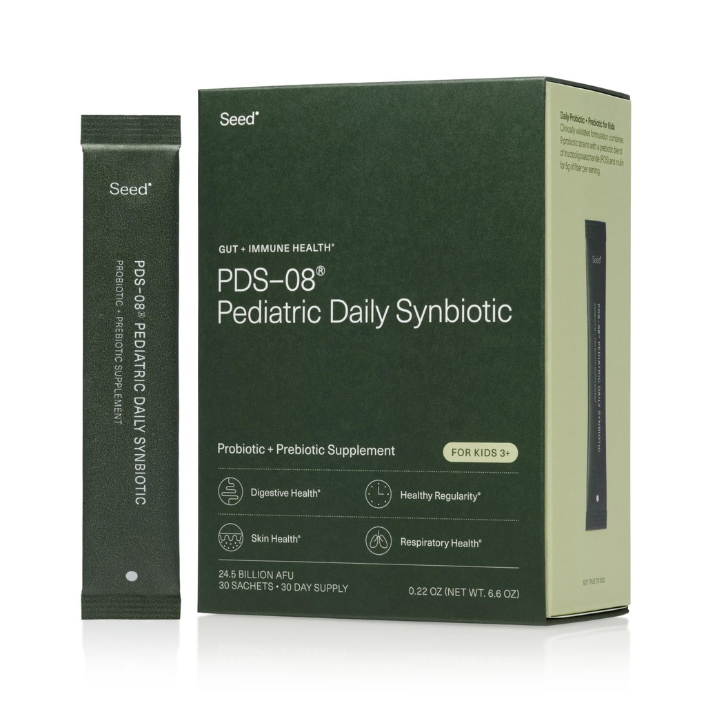 Seed PDS-08 Pediatric Daily Synbiotic - Prebiotici e Probiotici a base di fibre per i bambini - Salute digestiva, Regolarità, Rilievo di costipazione - Età 3-17 - Vegan e Tabella di scaffalature - 30 Sachets (30-Day Supply)